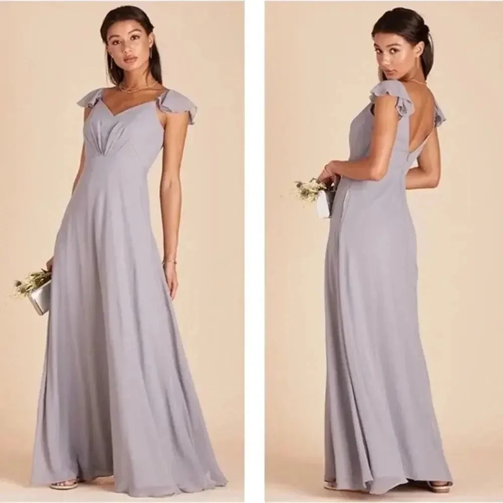 NWT Birdy Grey Kae Bridesmaid Dress Ruffled Flutter Sleeve Chiffon Silver Medium